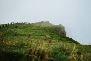 A serene and misty cliffside landscape with lush green grass and a distant view of hikers.